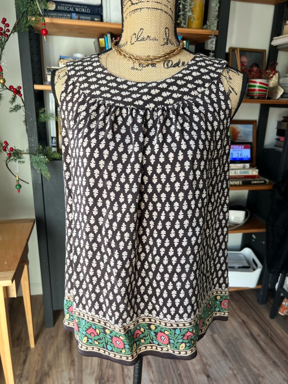 Anna Sui Black and Cream Sleeveless Tank with Floral Border Trim
